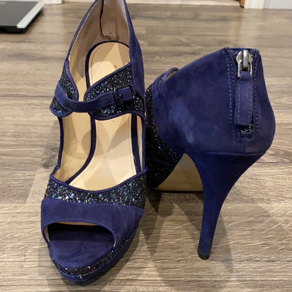 Blue suede glitter platform shoes